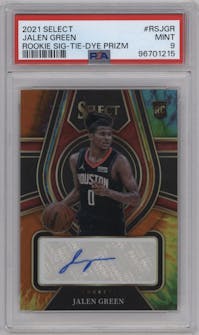 Jalen Green from the 2021-22 Panini Select set featuring a Tie-Dye parallel graded by PSA and given an overall grade of 9.