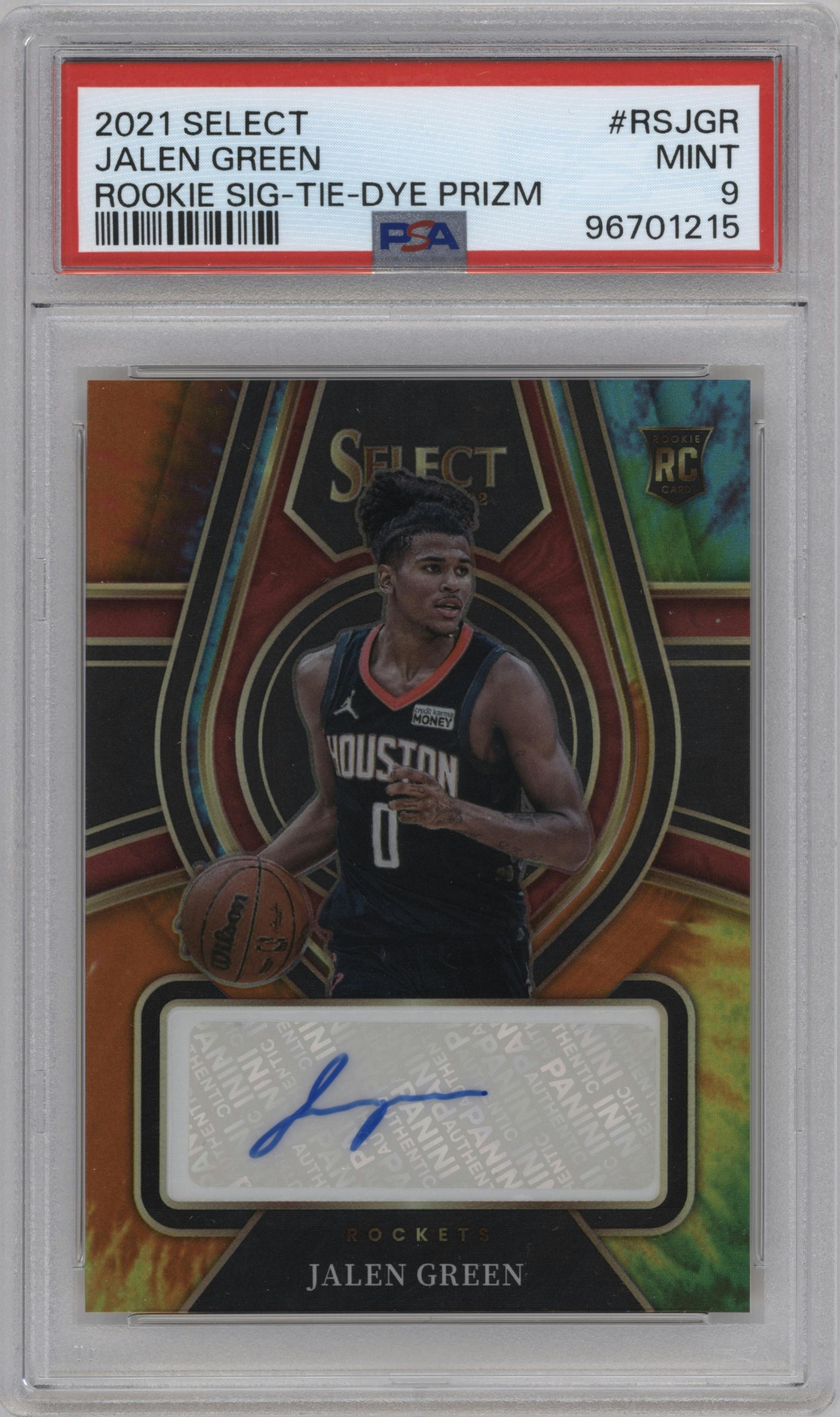 Jalen Green from the 2021-22 Panini Select set featuring a Tie-Dye parallel graded by PSA and given an overall grade of 9.