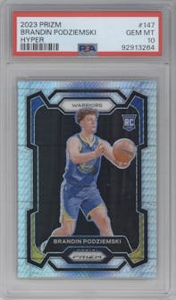 Brandin Podziemski from the 2023-24 Panini Prizm set featuring a Hyper Prizm parallel graded by PSA and given an overall grade of 10.
