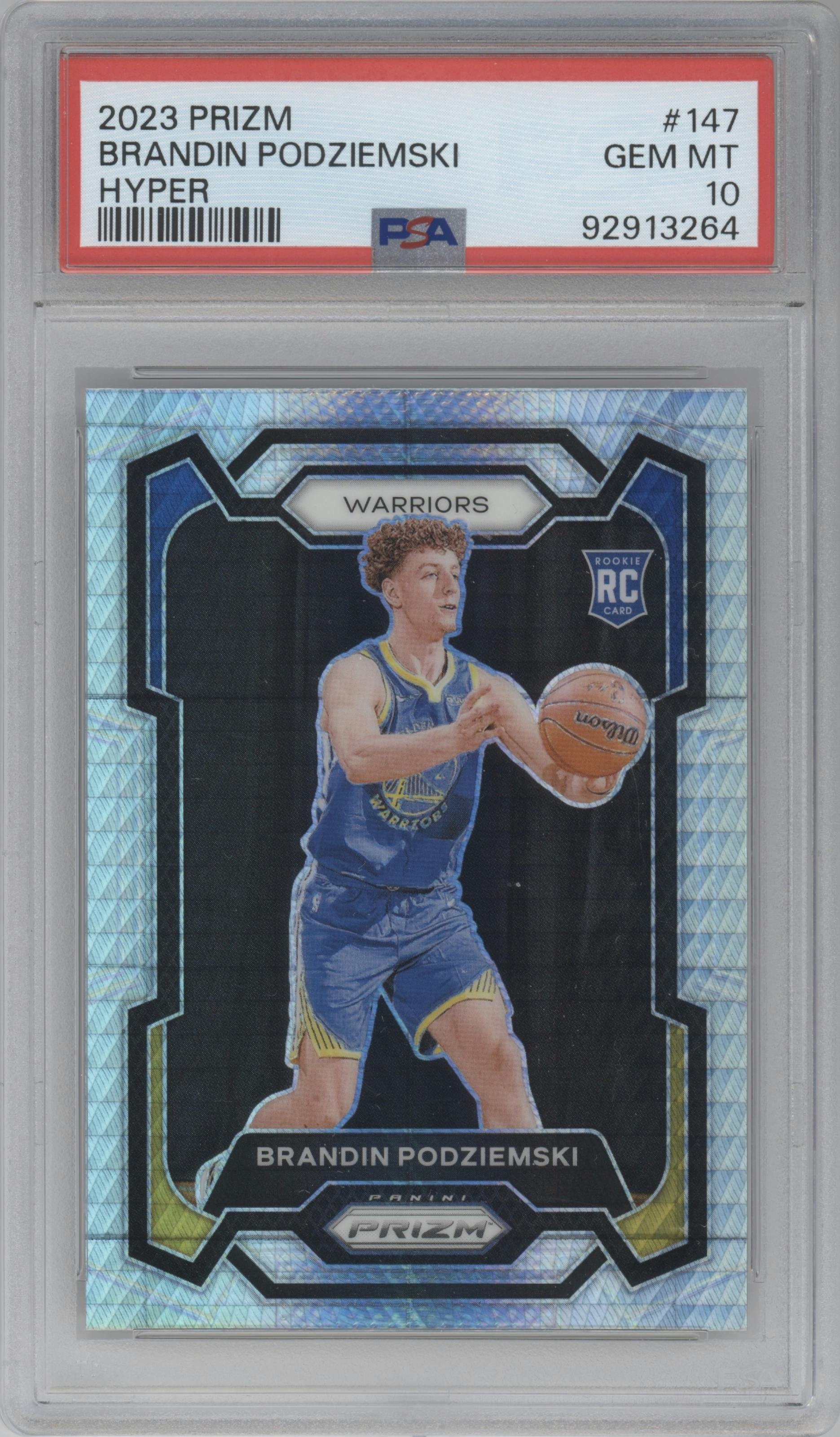 Brandin Podziemski from the 2023-24 Panini Prizm set featuring a Hyper Prizm parallel graded by PSA and given an overall grade of 10.