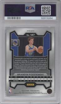 Brandin Podziemski from the 2023-24 Panini Prizm set featuring a Hyper Prizm parallel graded by PSA and given an overall grade of 10.