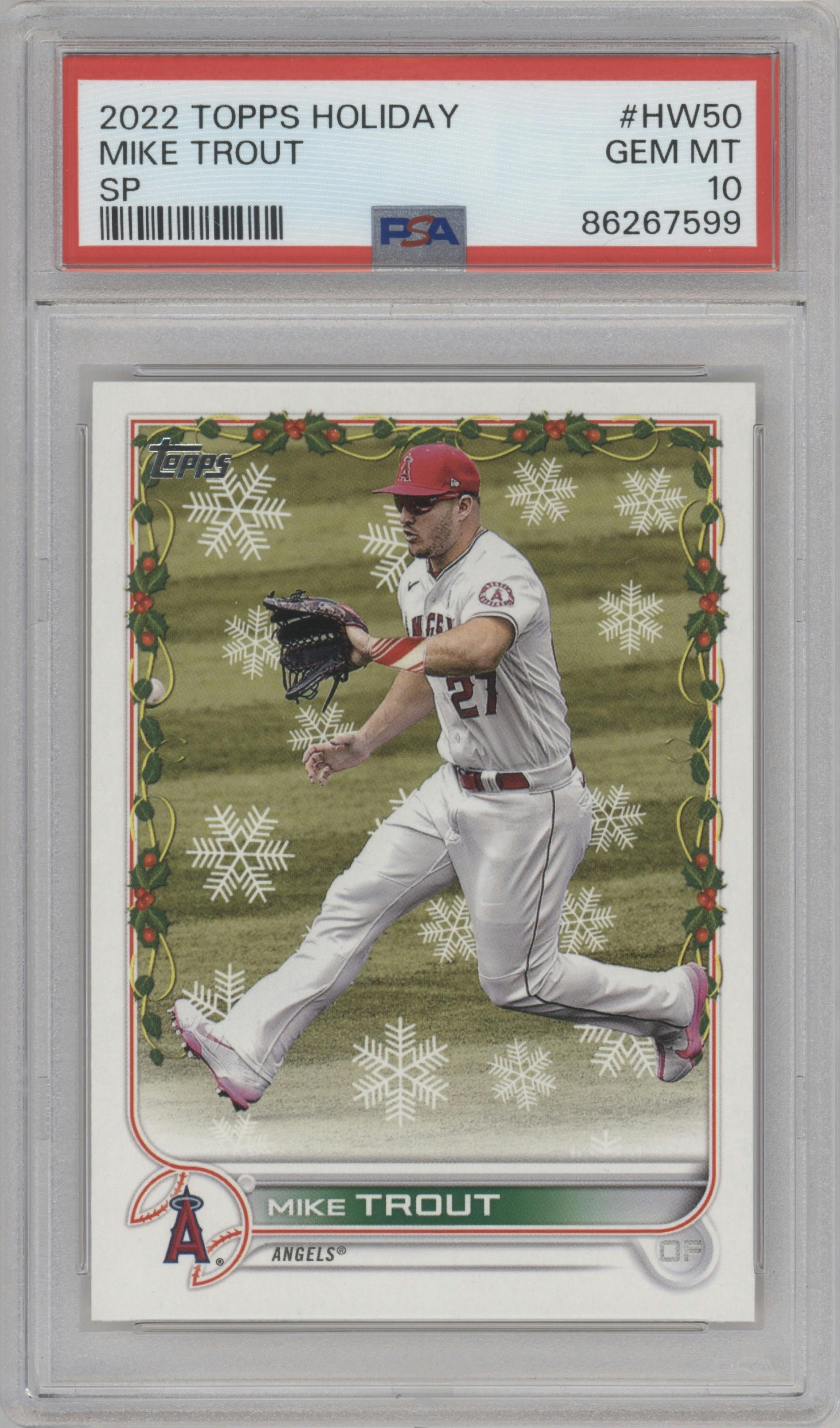 Mike Trout from the 2022 Topps Holiday set graded by PSA and given an overall grade of 10.