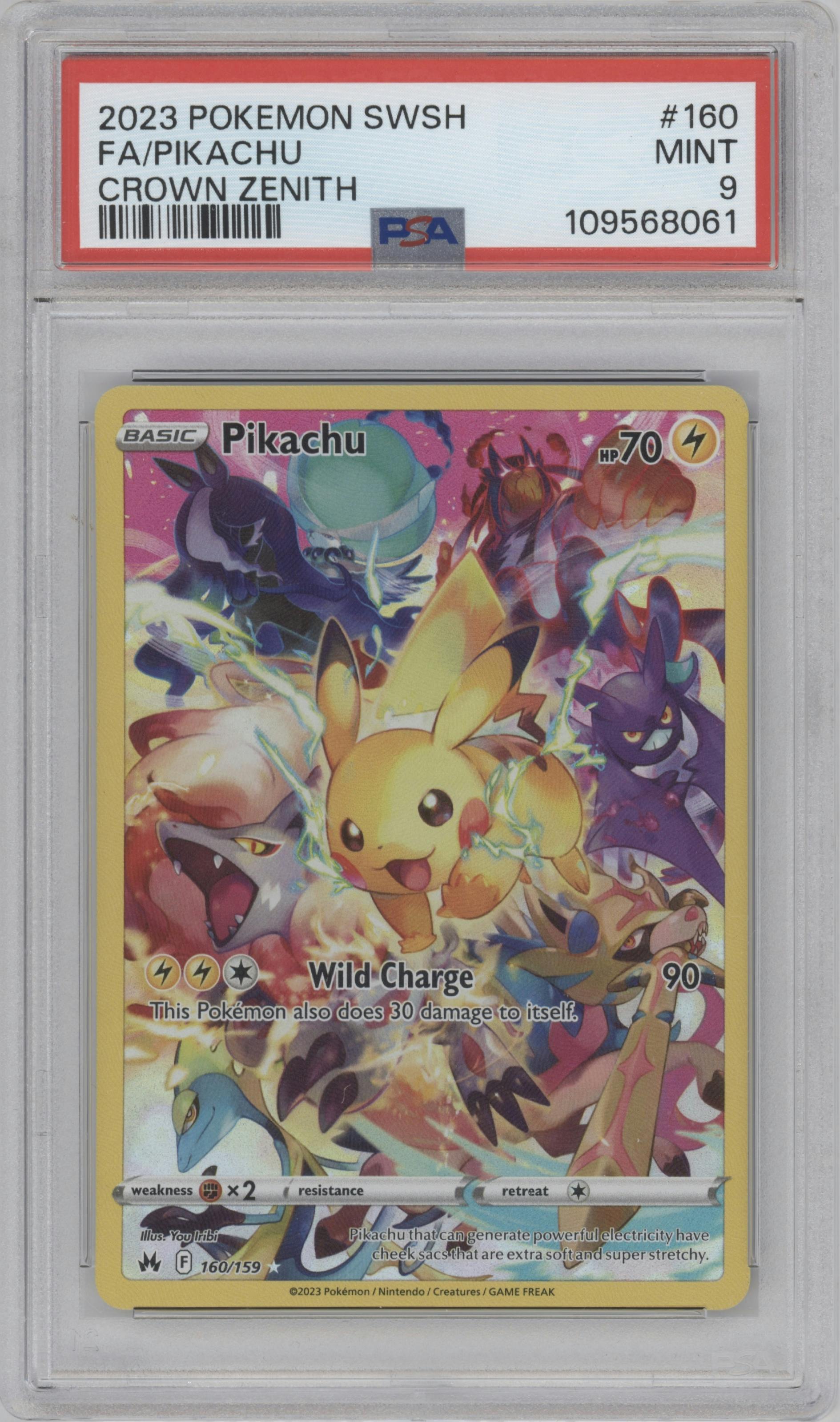 Pikachu  from the 2023 Pokemon SWSH set graded by PSA and given an overall grade of 9.