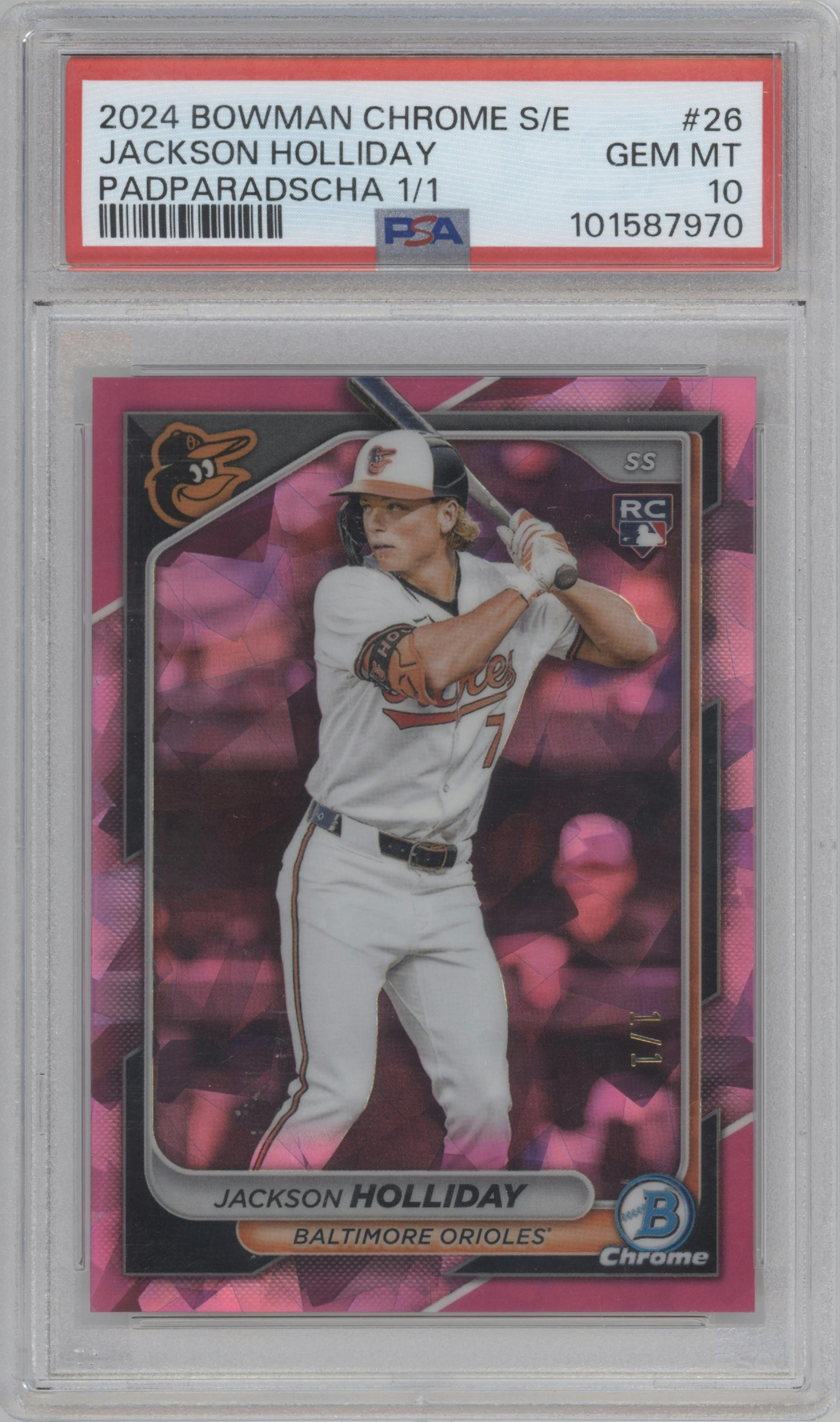 Jackson Holliday from the 2024 Bowman Chrome Sapphire set featuring a Padparadscha parallel graded by PSA and given an overall grade of 10.