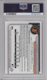 Jackson Holliday from the 2024 Bowman Chrome Sapphire set featuring a Padparadscha parallel graded by PSA and given an overall grade of 10.