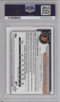 Jackson Holliday from the 2024 Bowman Chrome Sapphire set featuring a Padparadscha parallel graded by PSA and given an overall grade of 10.