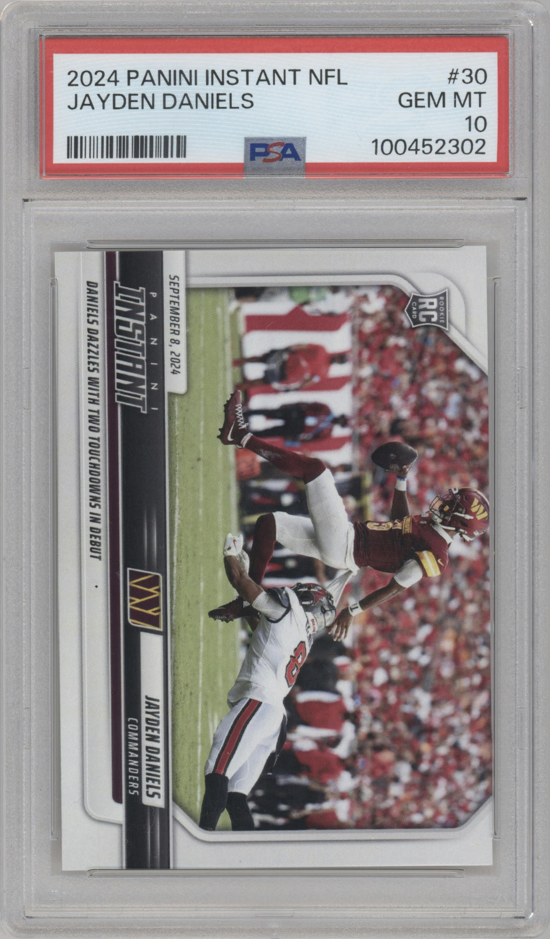 Jayden Daniels from the 2024 Panini Instant NFL set graded by PSA and given an overall grade of 10.