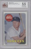 Mickey Mantle from the 1969 Topps set featuring a Last Name in White parallel graded by Beckett and given an overall grade of 5.5.