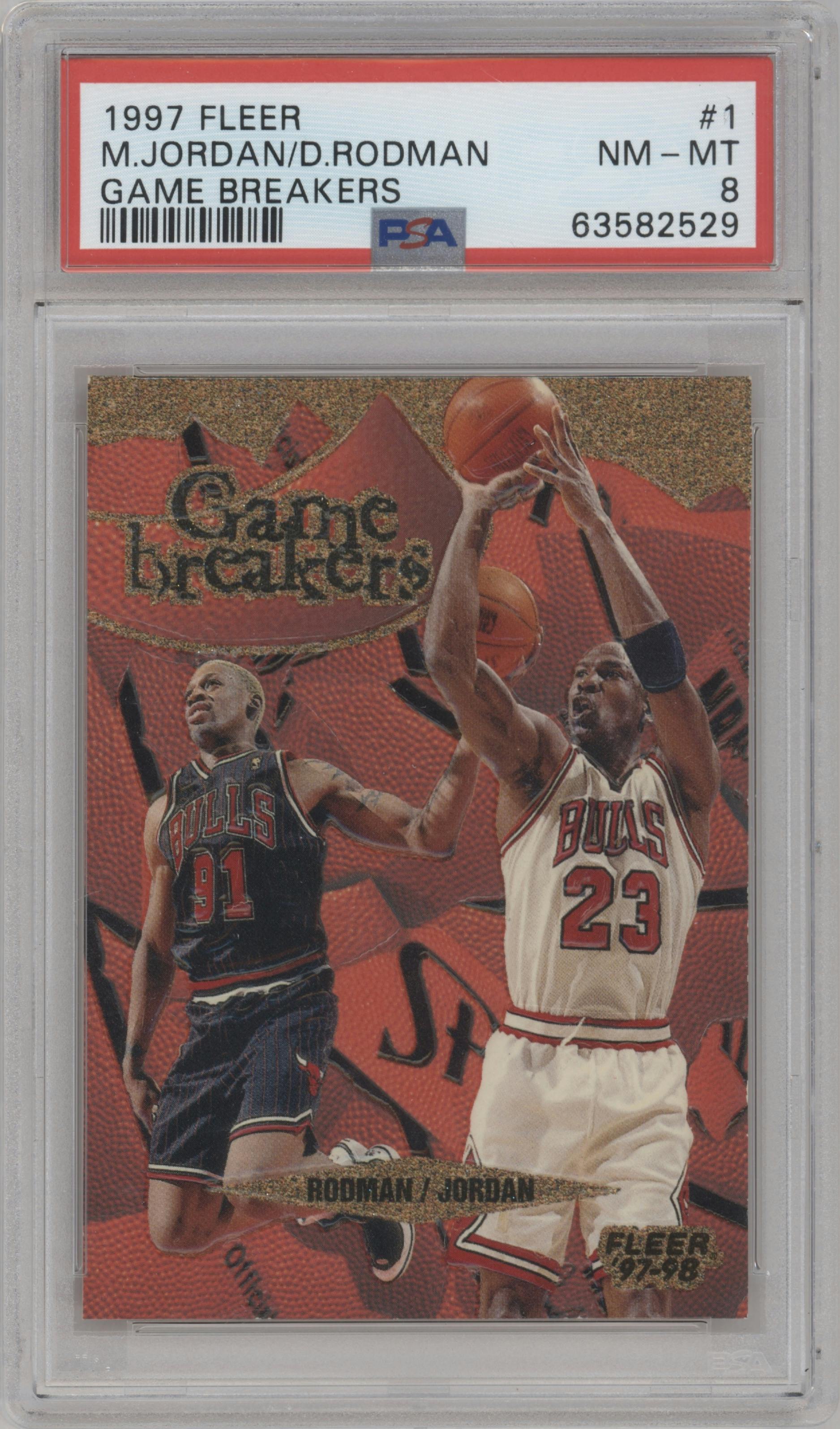 Michael Jordan/Dennis Rodman from the 1997-98 Fleer set graded by PSA and given an overall grade of 8.