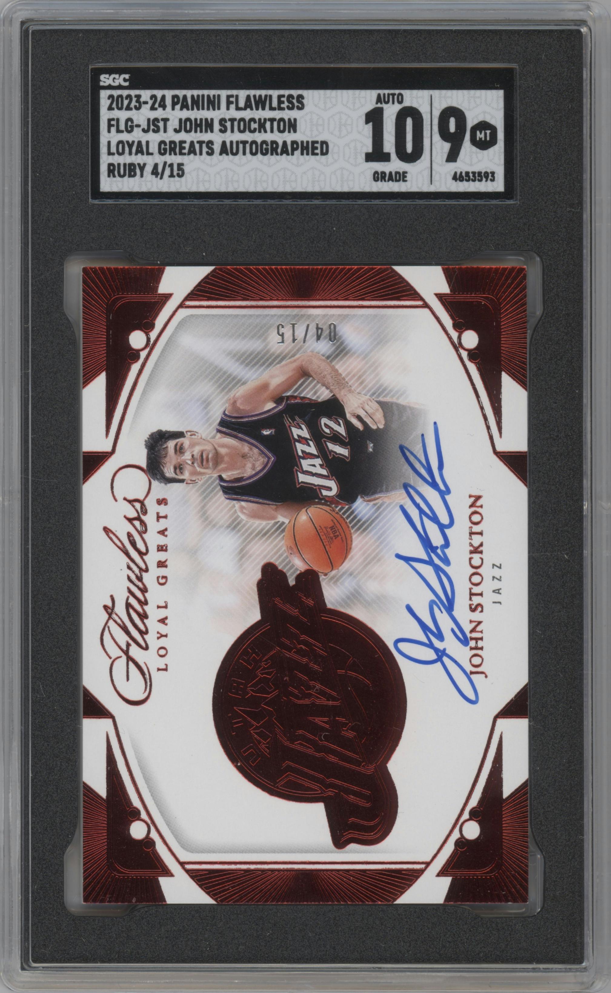 John Stockton from the 2023-24 Panini Flawless set featuring a Ruby parallel graded by SGC and given an overall grade of 9.