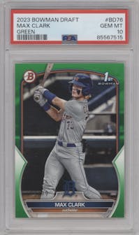 Max Clark from the 2023 Bowman Draft set featuring a Green parallel graded by PSA and given an overall grade of 10.