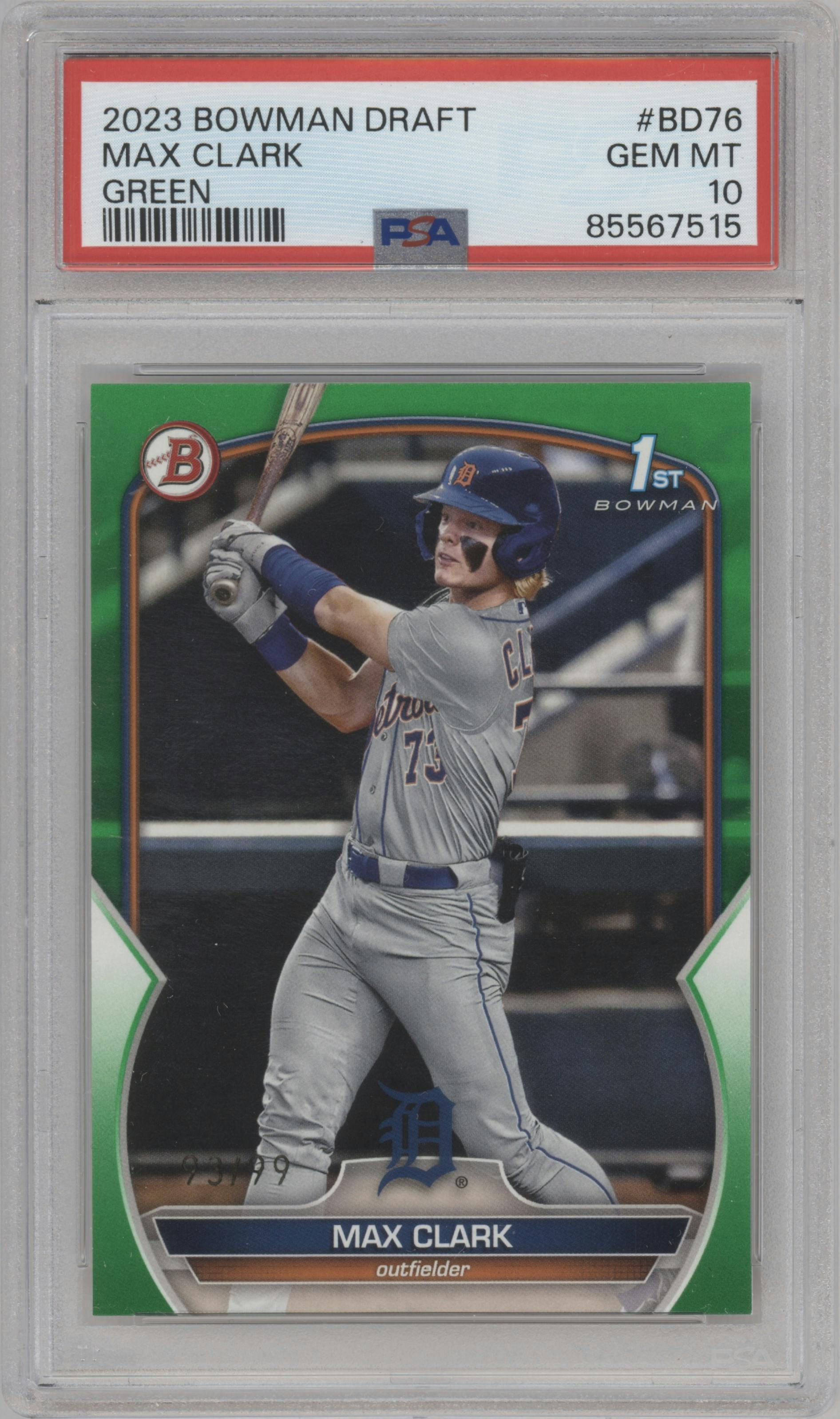 Max Clark from the 2023 Bowman Draft set featuring a Green parallel graded by PSA and given an overall grade of 10.