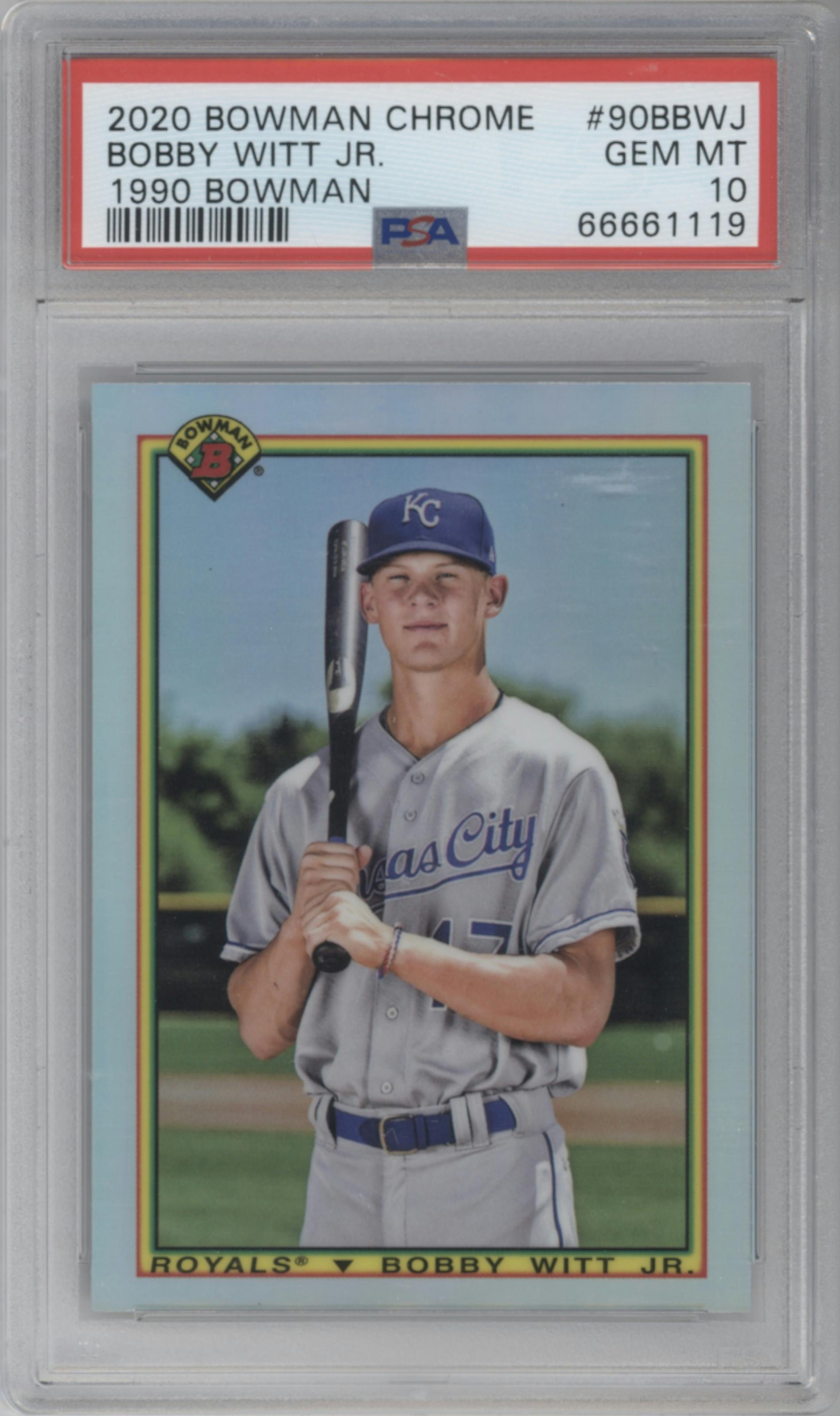 Bobby Witt Jr. from the 2020 Bowman set graded by PSA and given an overall grade of 10.