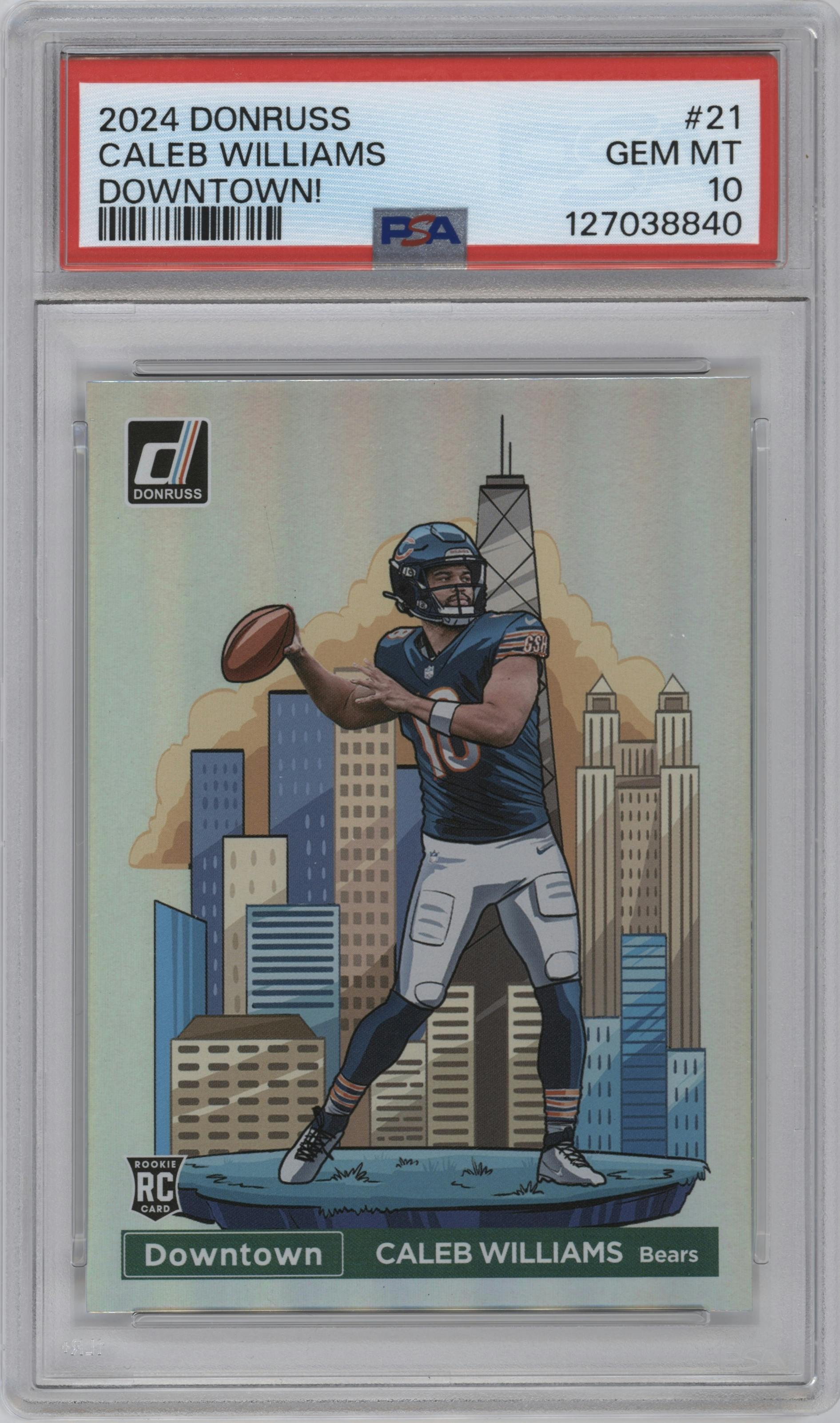 Caleb Williams from the 2024 Donruss set graded by PSA and given an overall grade of 10.