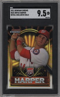 Bryce Harper from the 2011 Bowman Chrome set featuring a Gold parallel graded by SGC and given an overall grade of 9.5.