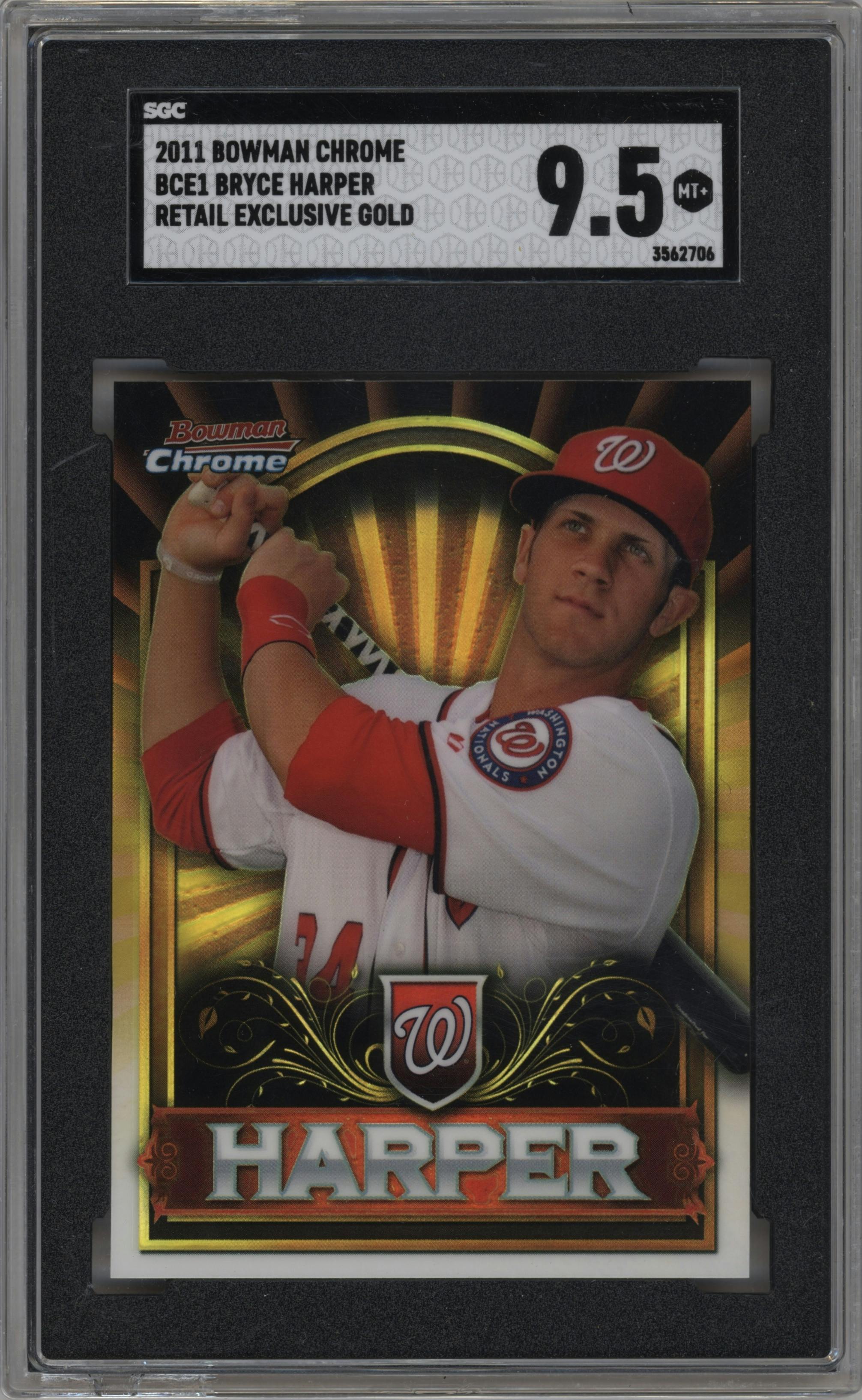 Bryce Harper from the 2011 Bowman Chrome set featuring a Gold parallel graded by SGC and given an overall grade of 9.5.