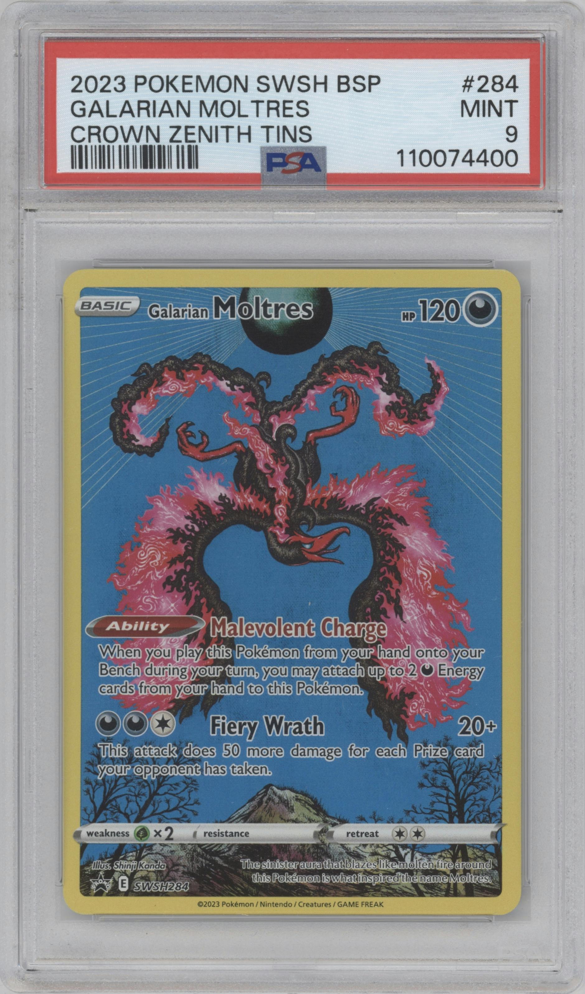 Galarian Moltres from the 2023 Pokemon SWSH set featuring a Crown Zenith Collection Tin parallel graded by PSA and given an overall grade of 9.
