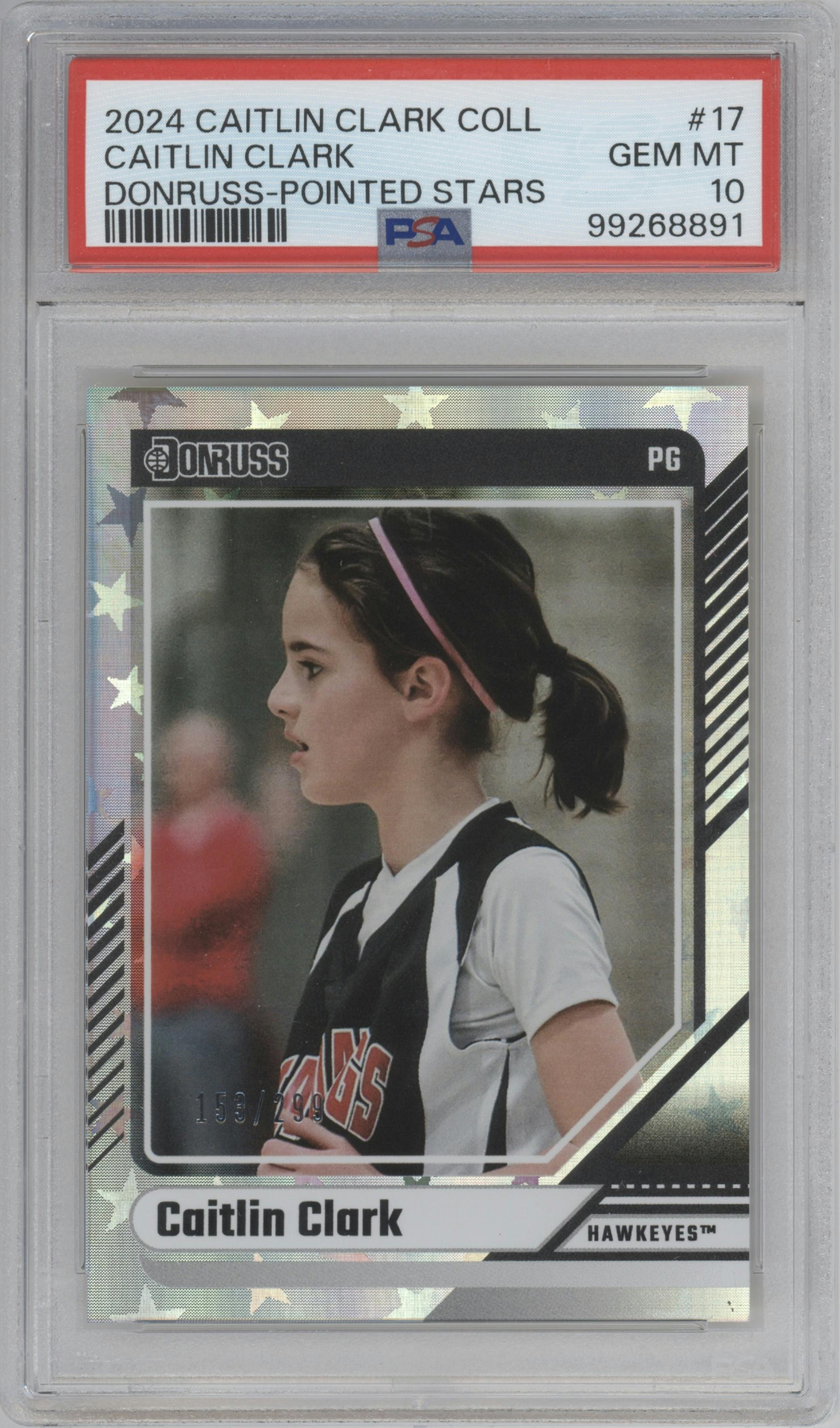 Caitlin Clark from the 2024 Panini Caitlin Clark Collection set featuring a Pointed Stars parallel graded by PSA and given an overall grade of 10.