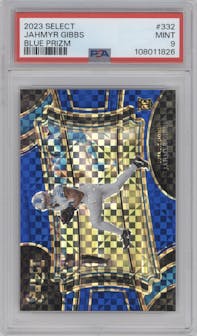 Jahmyr Gibbs from the 2023 Panini Select set featuring a Blue Prizm parallel graded by PSA and given an overall grade of 9.