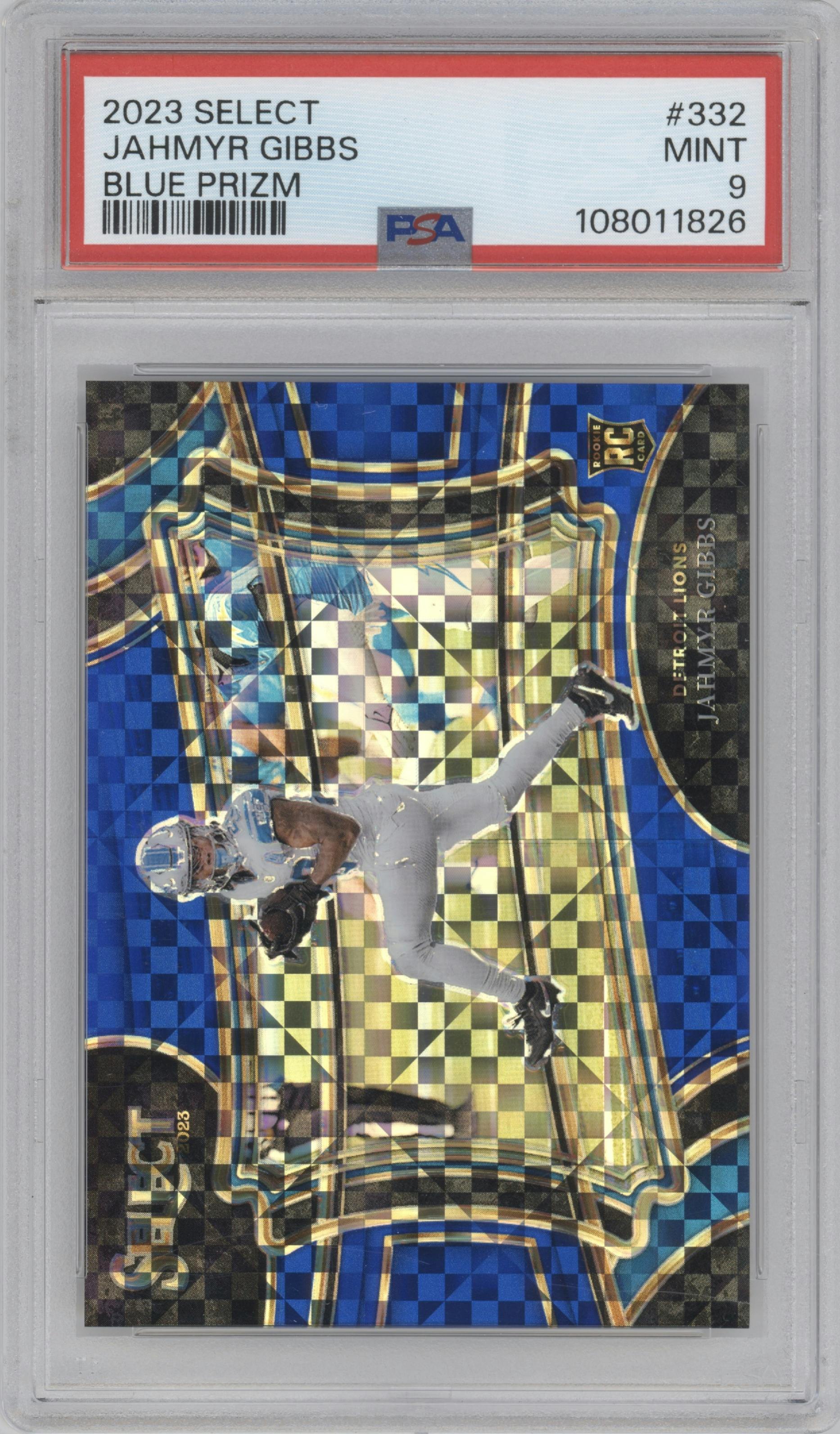 Jahmyr Gibbs from the 2023 Panini Select set featuring a Blue Prizm parallel graded by PSA and given an overall grade of 9.