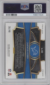 Jahmyr Gibbs from the 2023 Panini Select set featuring a Blue Prizm parallel graded by PSA and given an overall grade of 9.