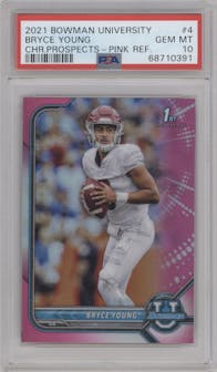 Bryce Young from the 2021-22 Bowman University set featuring a Pink Refractor parallel graded by PSA and given an overall grade of 10.