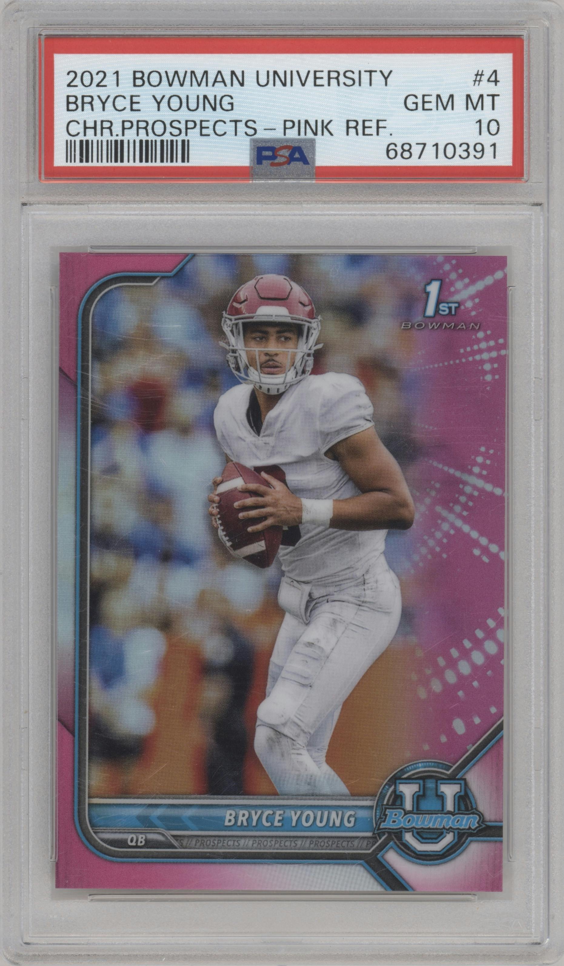 Bryce Young from the 2021-22 Bowman University set featuring a Pink Refractor parallel graded by PSA and given an overall grade of 10.
