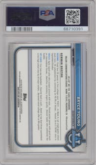 Bryce Young from the 2021-22 Bowman University set featuring a Pink Refractor parallel graded by PSA and given an overall grade of 10.