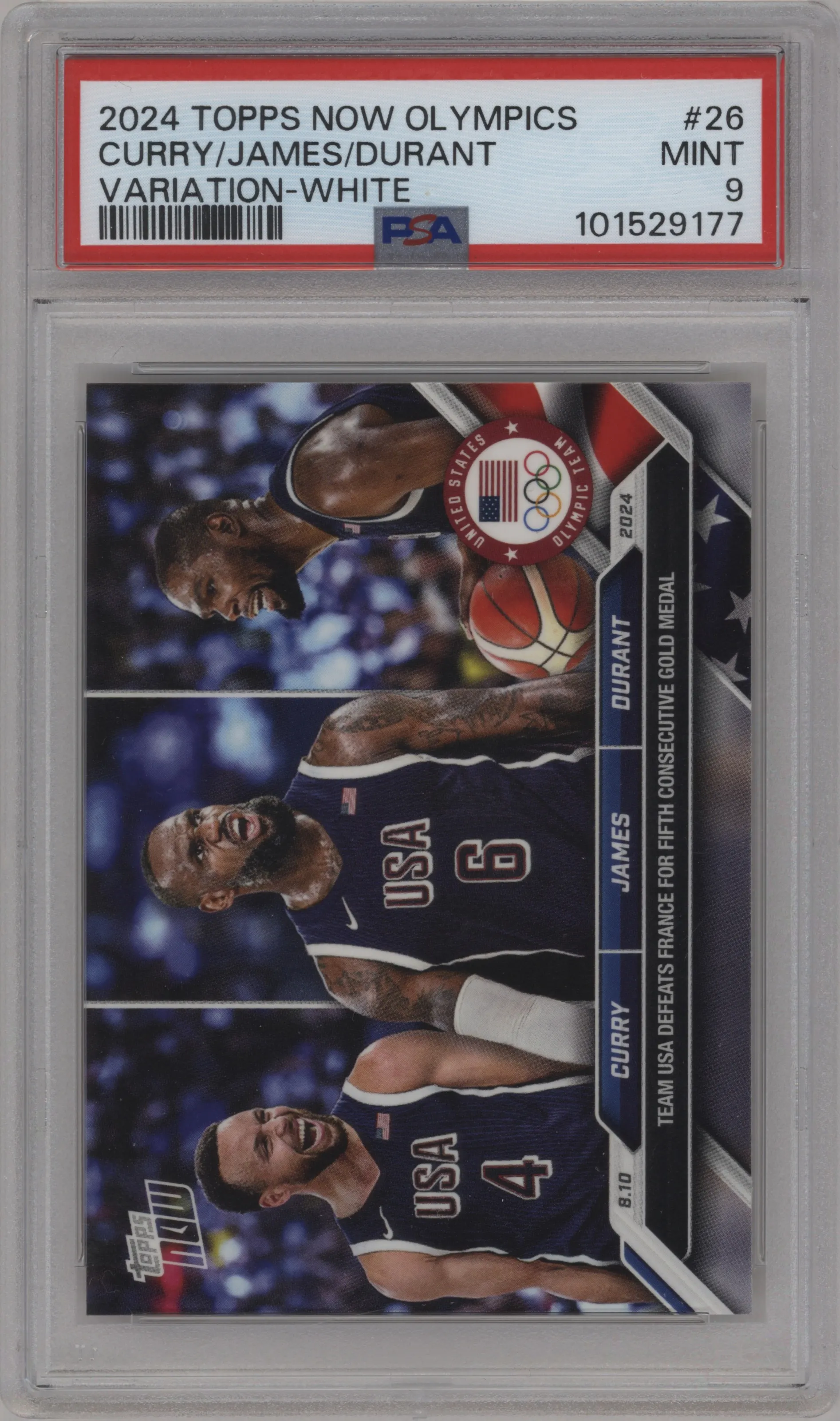 2024 Topps Now Olympics Variation LeBron James/Steph Curry/Kevin Durant White #26 PSA 9