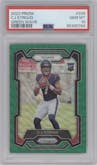 C.J. Stroud from the 2023 Panini Prizm set featuring a Green Wave  parallel graded by PSA and given an overall grade of 10.