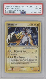 Raikou Gold Star from the 2005 Pokemon EX set graded by PSA and given an overall grade of 2.