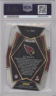 J.J. Watt from the 2021 Panini Select set featuring a Die-Cut Zebra parallel graded by PSA and given an overall grade of 9.