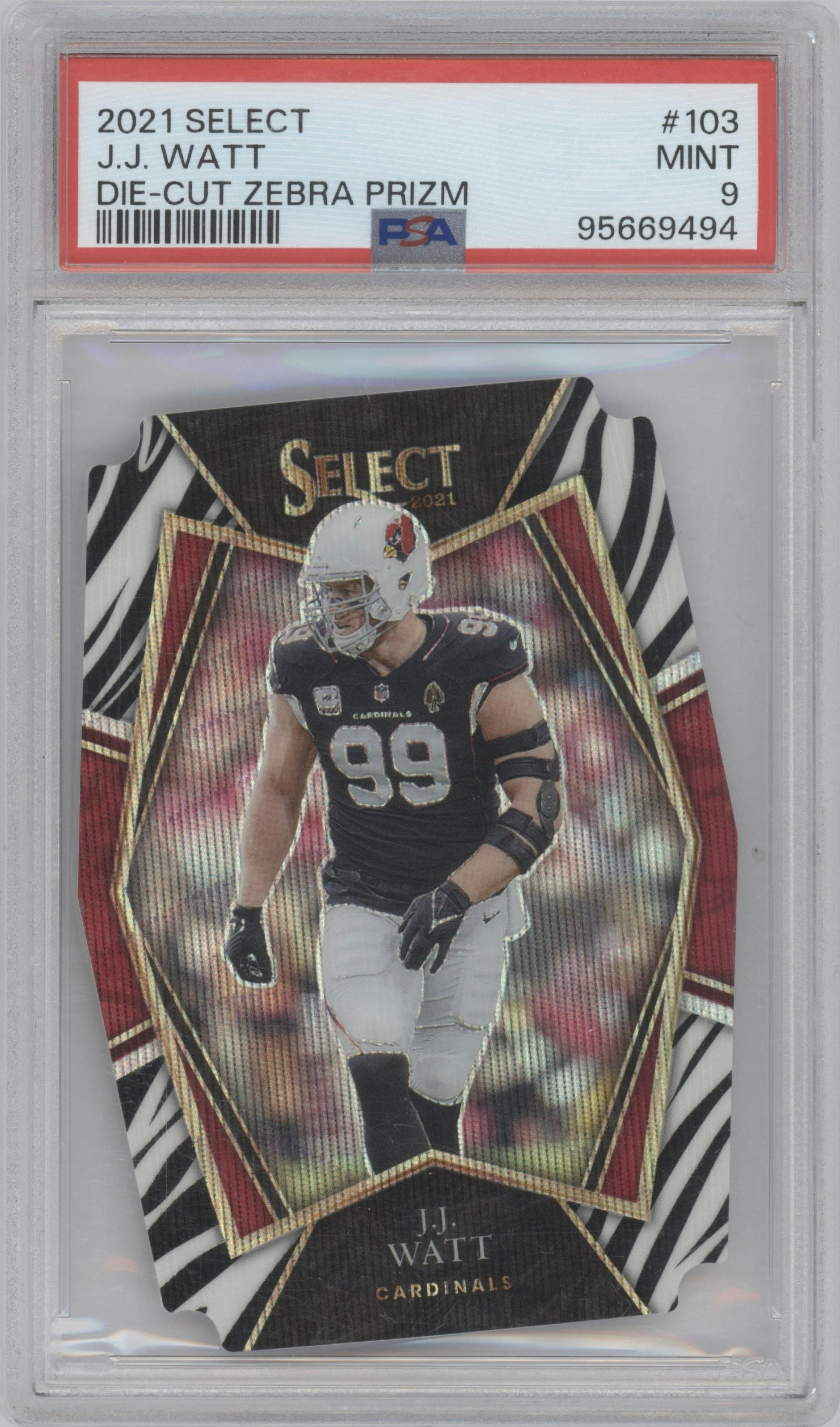 J.J. Watt from the 2021 Panini Select set featuring a Die-Cut Zebra parallel graded by PSA and given an overall grade of 9.