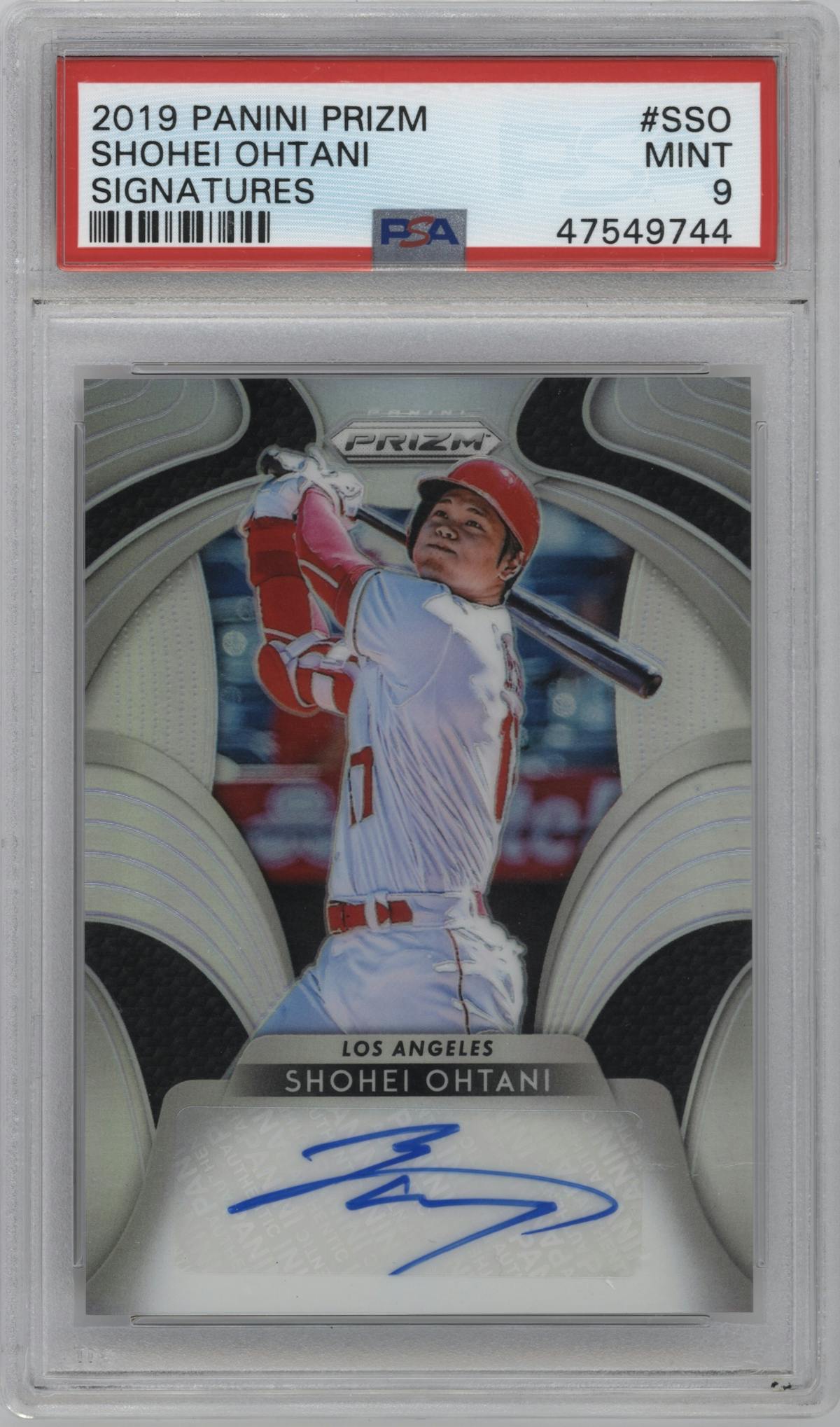 Shohei Ohtani from the 2019 Panini Prizm set graded by PSA and given an overall grade of 9.