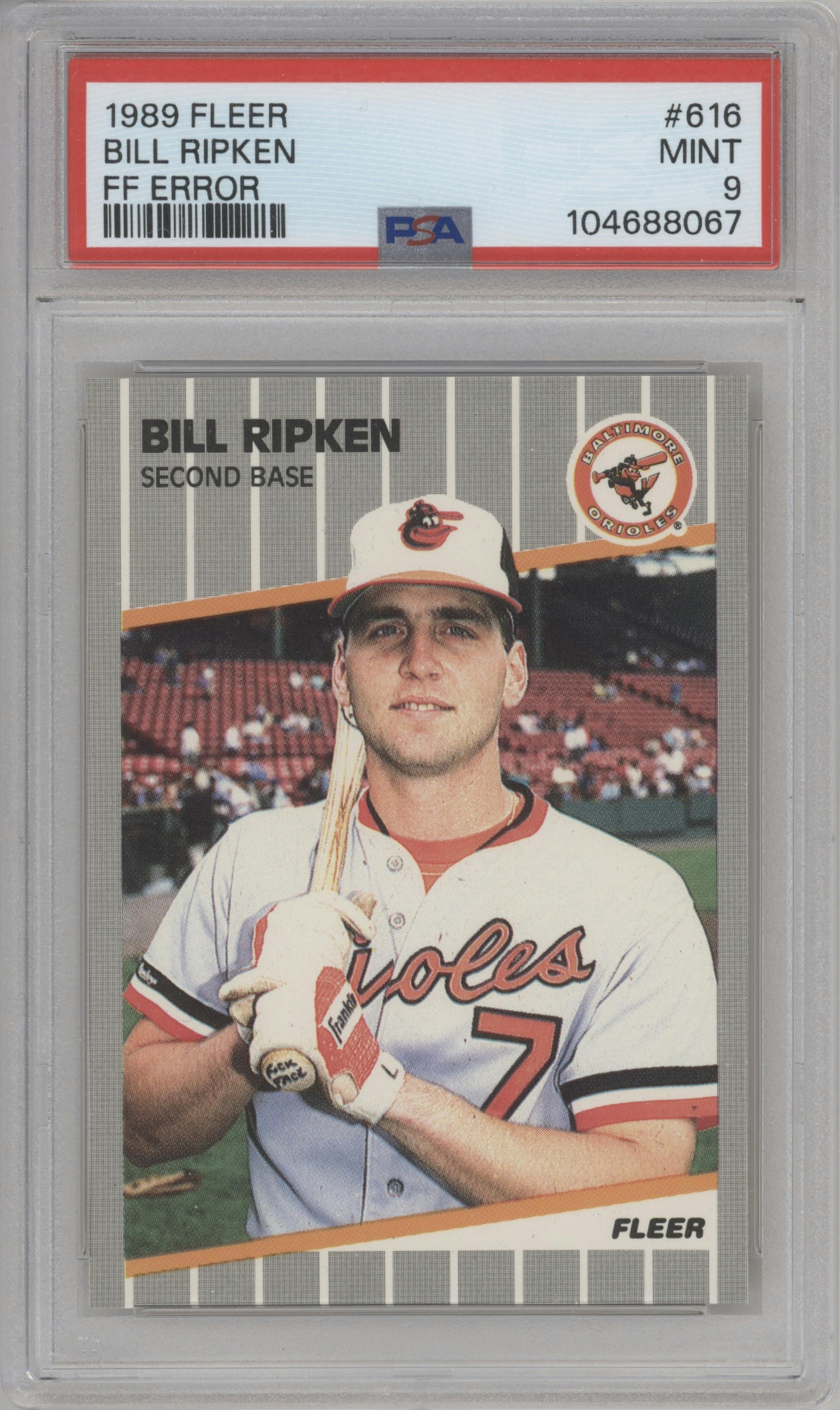Bill Ripken from the 1989 Fleer set featuring a FF Error parallel graded by PSA and given an overall grade of 9.