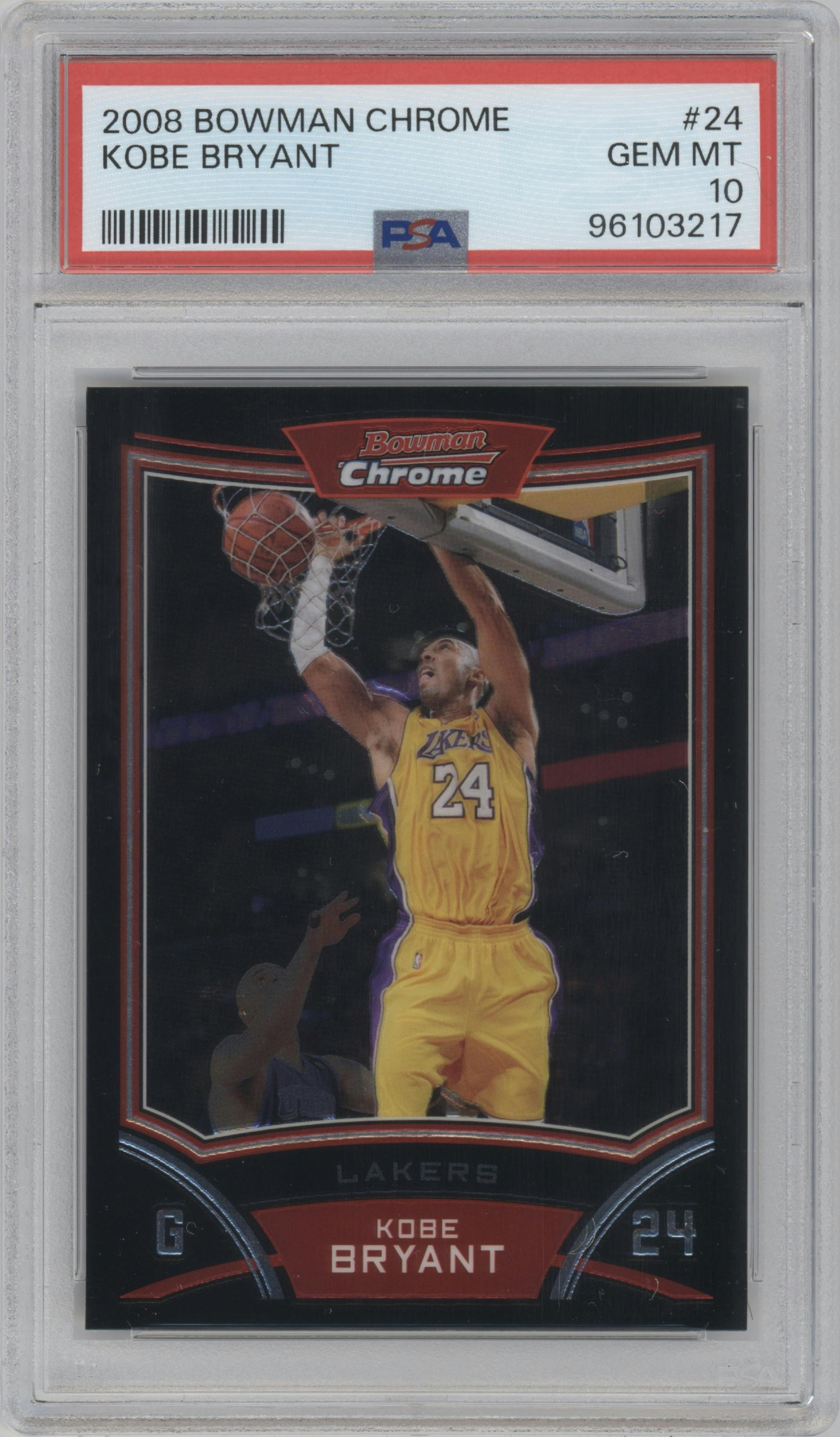 Kobe Bryant from the 2008-09 Bowman Chrome set graded by PSA and given an overall grade of 10.