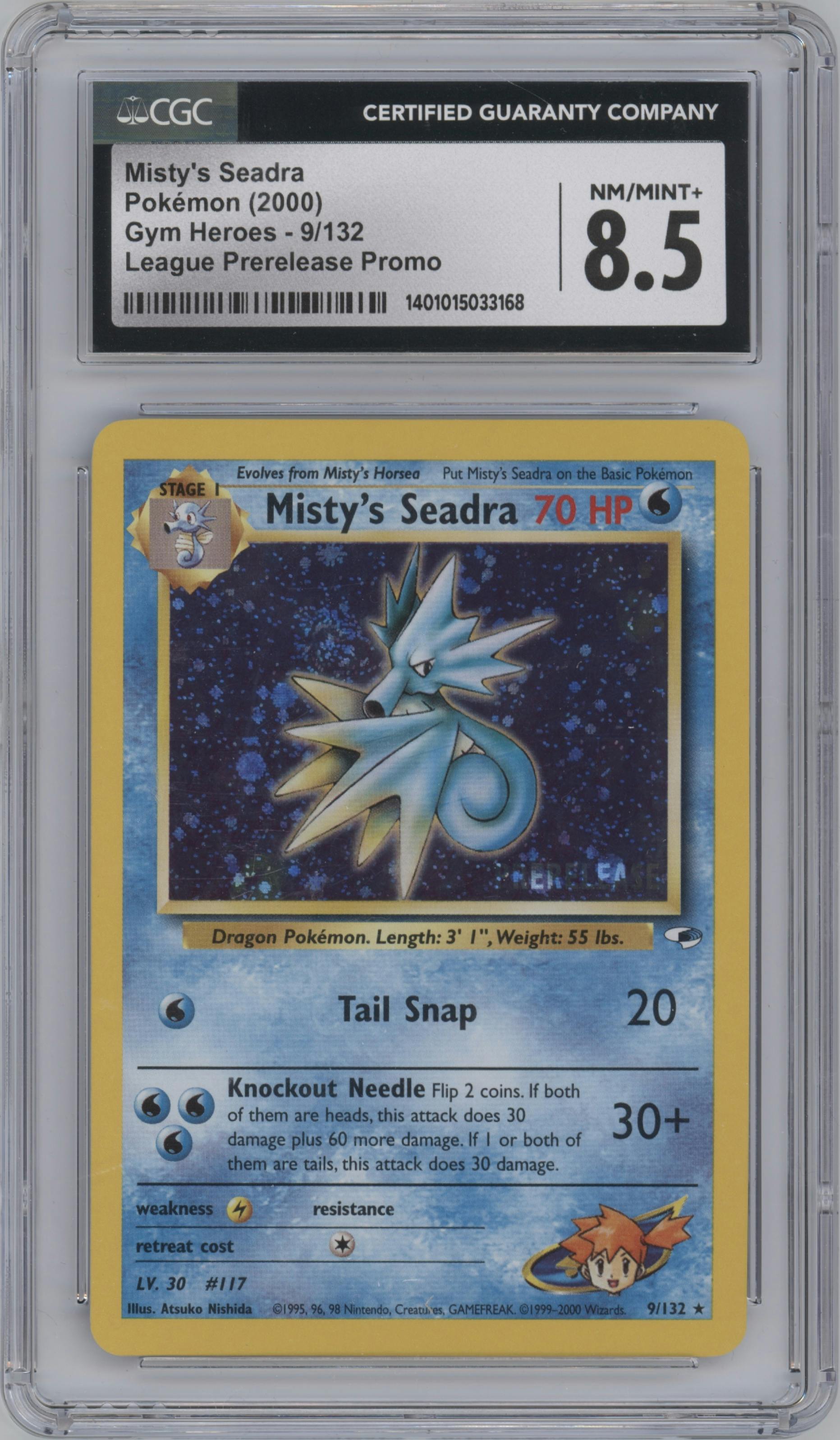 Misty's Seadra from the 2000 Pokemon GH set featuring a Pre-Release parallel graded by CSG and given an overall grade of 8.5.