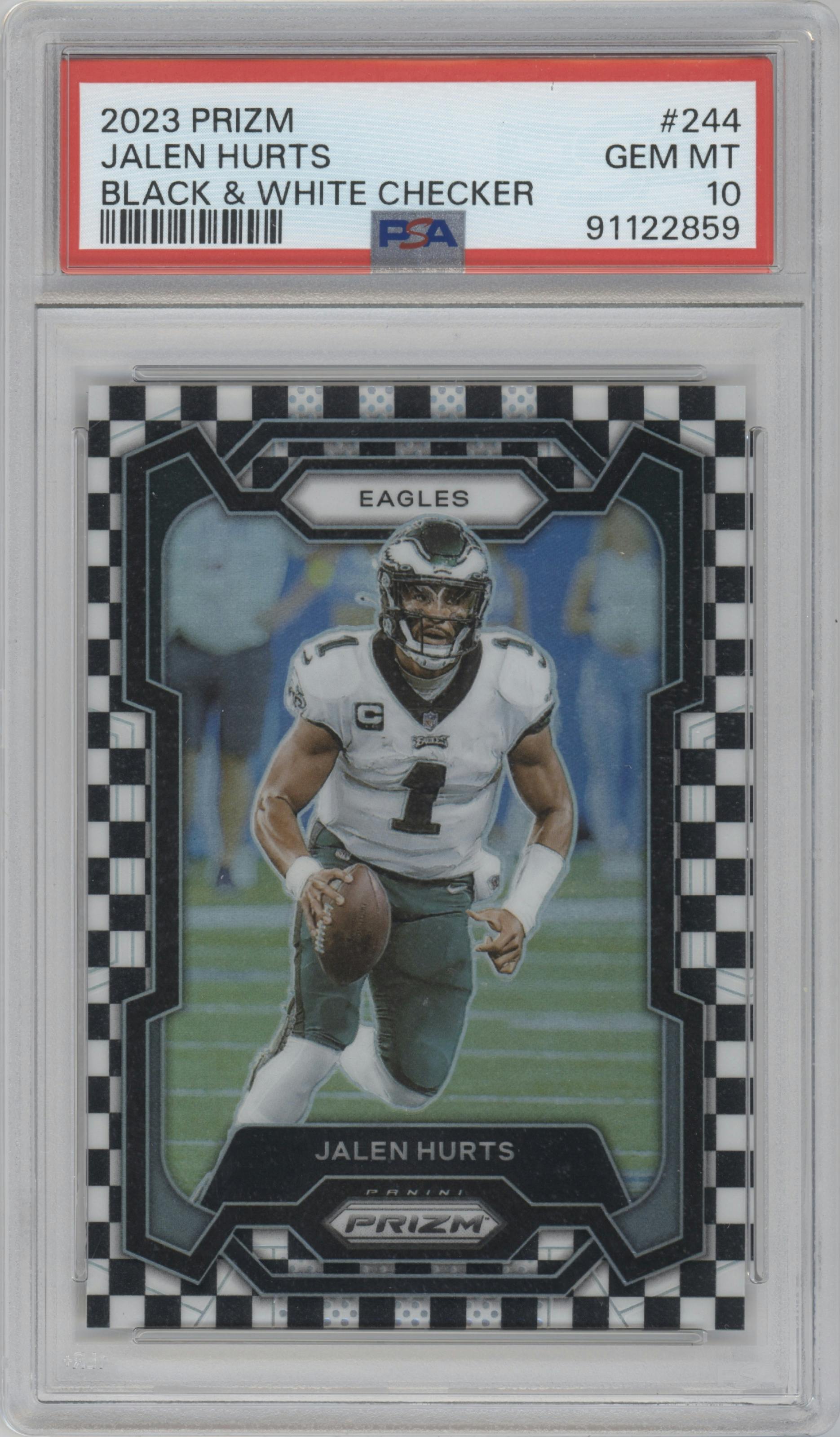 Jalen Hurts from the 2023 Panini Prizm set featuring a Black/White Checker parallel graded by PSA and given an overall grade of 10.