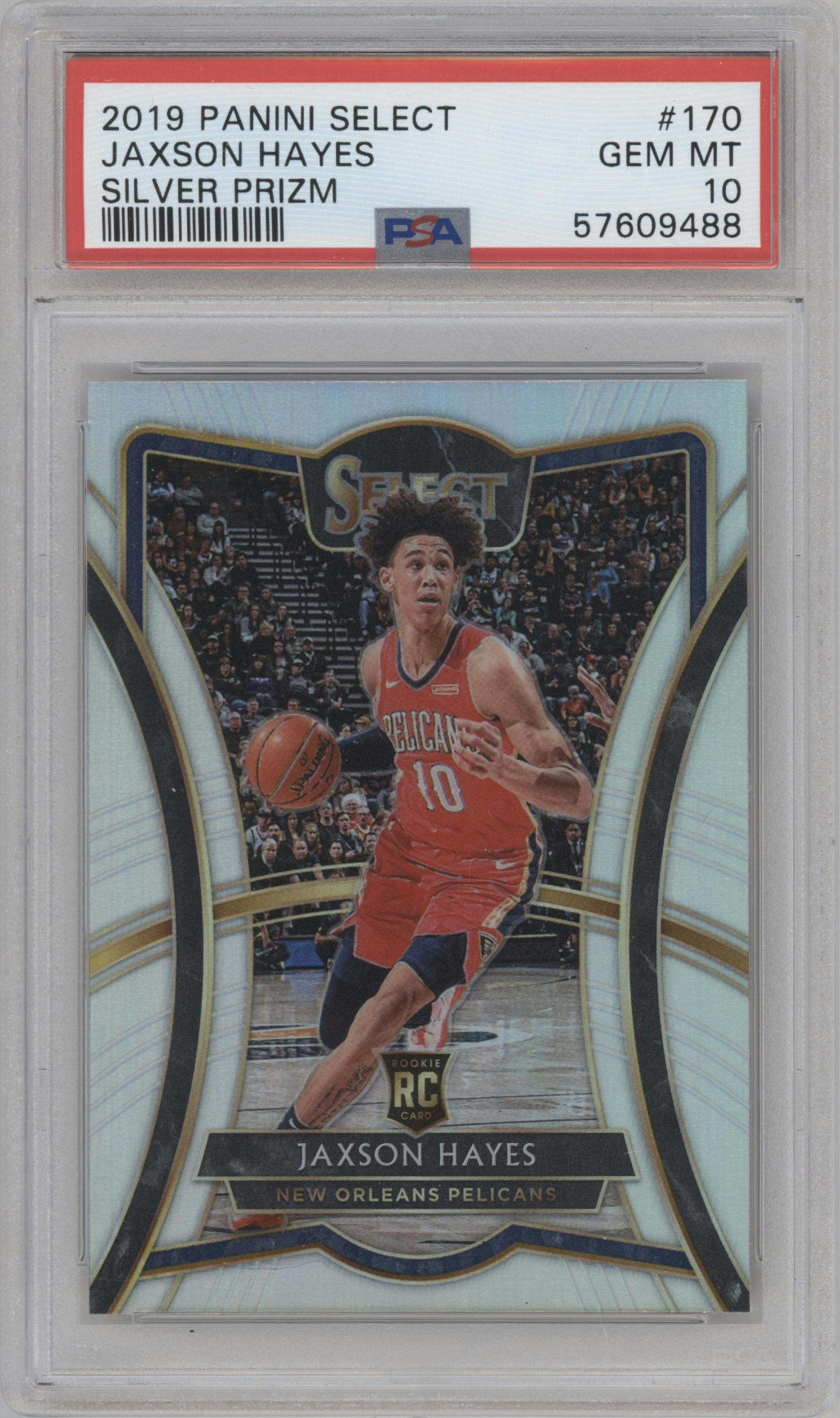 Jaxson Hayes from the 2019-20 Panini Select set featuring a Silver Prizm parallel graded by PSA and given an overall grade of 10.