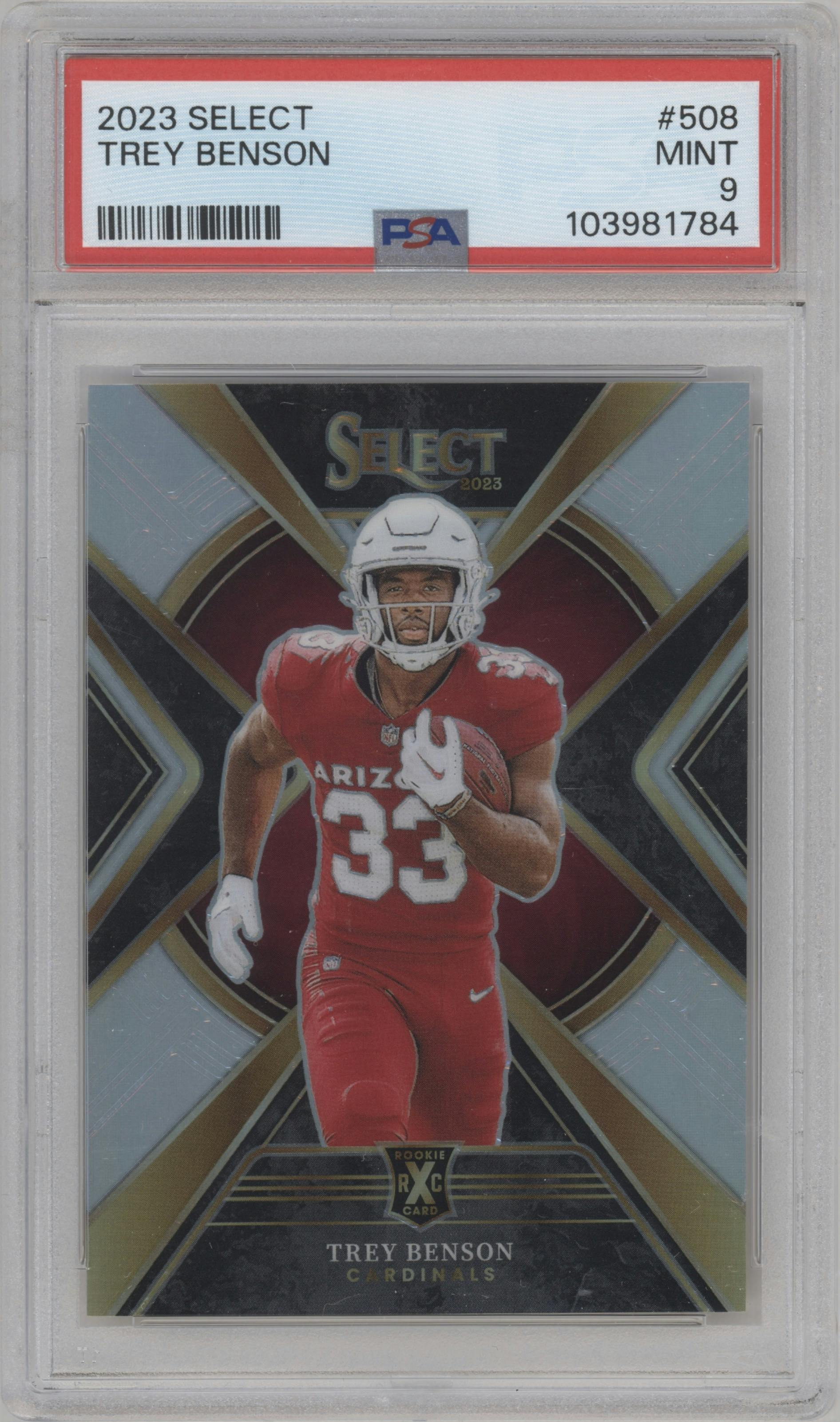 Trey Benson from the 2023 Panini Select set graded by PSA and given an overall grade of 9.
