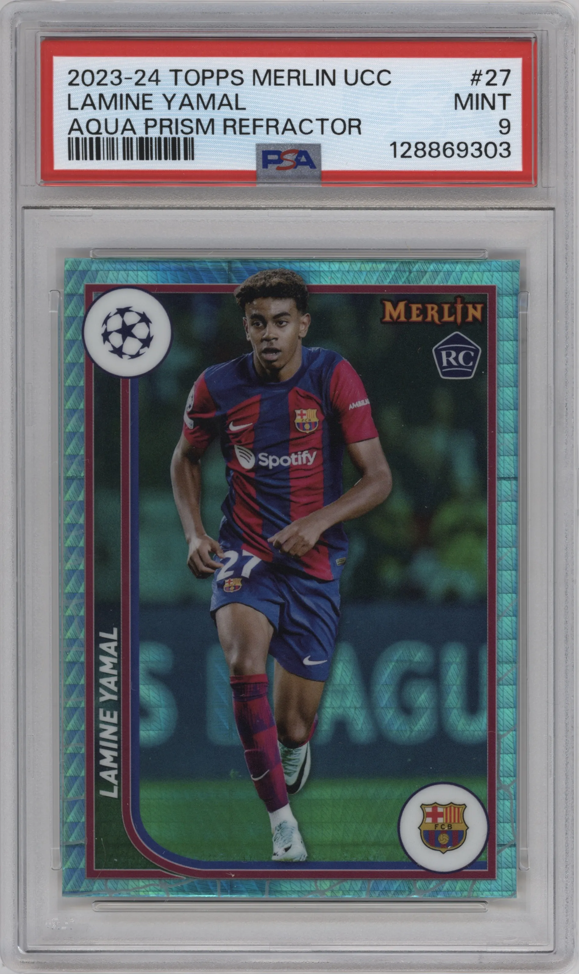 2023 Topps Merlin UEFA Club Competitions Lamine Yamal Aqua Prism Refractor #27 PSA 9