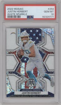 Justin Herbert from the 2022 Panini Mosaic set featuring a White Sparkle parallel graded by PSA and given an overall grade of 10.