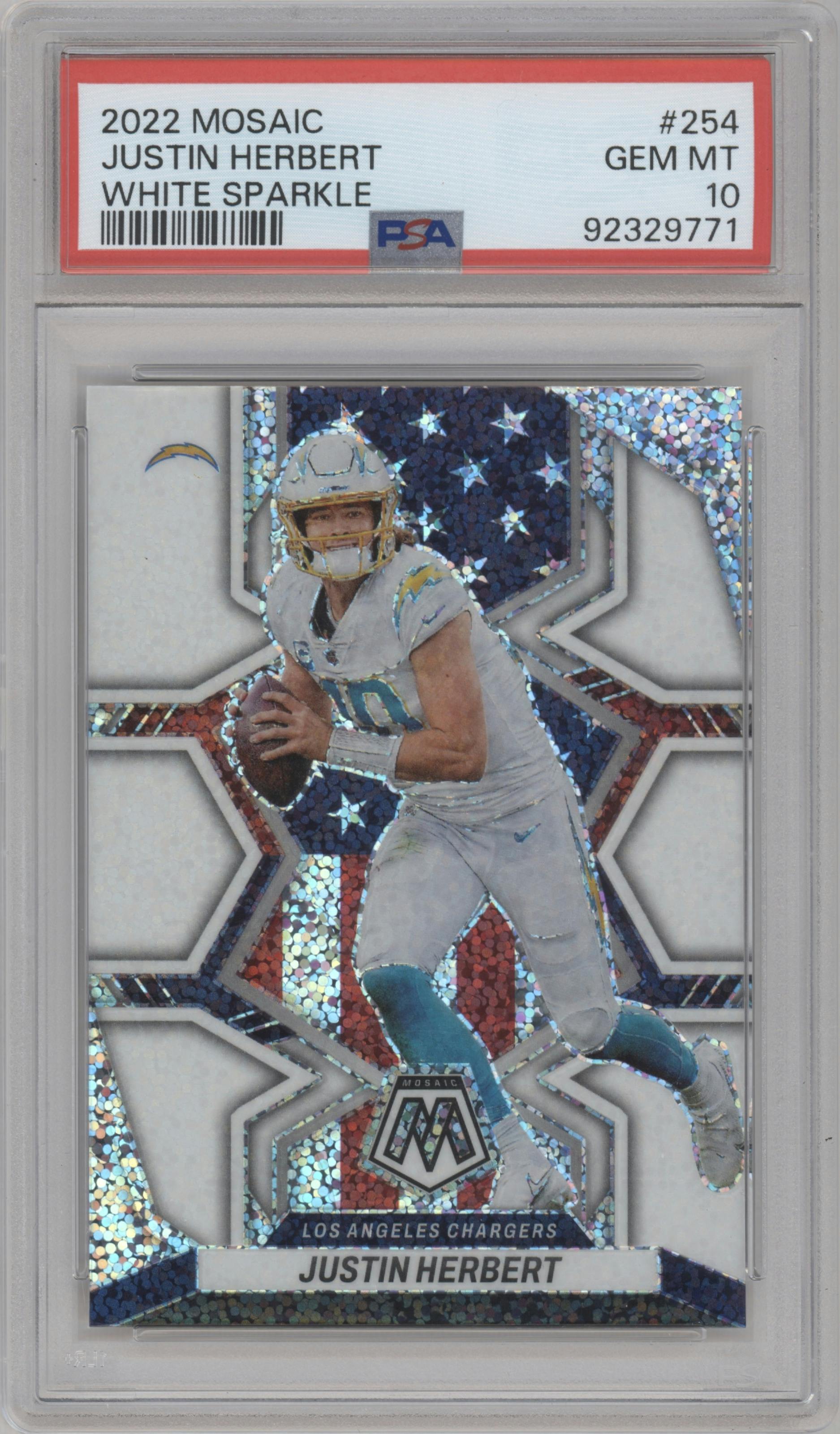 Justin Herbert from the 2022 Panini Mosaic set featuring a White Sparkle parallel graded by PSA and given an overall grade of 10.