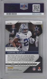 Ezekiel Elliott from the 2018 Panini Prizm set featuring a Die-Cut Light Blue parallel graded by PSA and given an overall grade of 10.