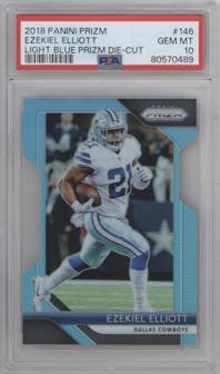 Ezekiel Elliott from the 2018 Panini Prizm set featuring a Die-Cut Light Blue parallel graded by PSA and given an overall grade of 10.