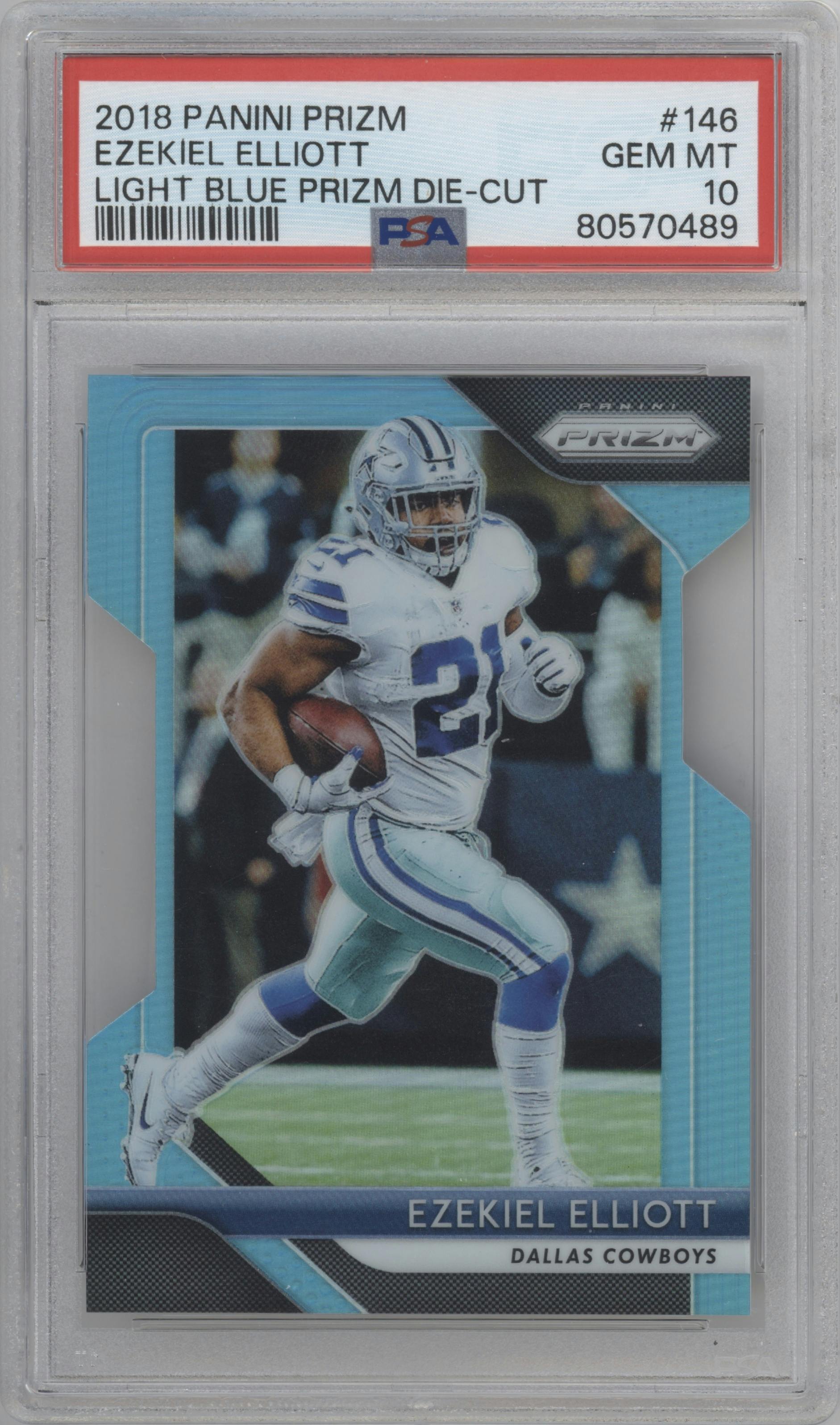Ezekiel Elliott from the 2018 Panini Prizm set featuring a Die-Cut Light Blue parallel graded by PSA and given an overall grade of 10.