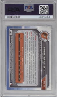 Gunnar Henderson from the 2019 Bowman Draft set featuring a Refractor parallel graded by PSA and given an overall grade of 10.