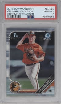 Gunnar Henderson from the 2019 Bowman Draft set featuring a Refractor parallel graded by PSA and given an overall grade of 10.