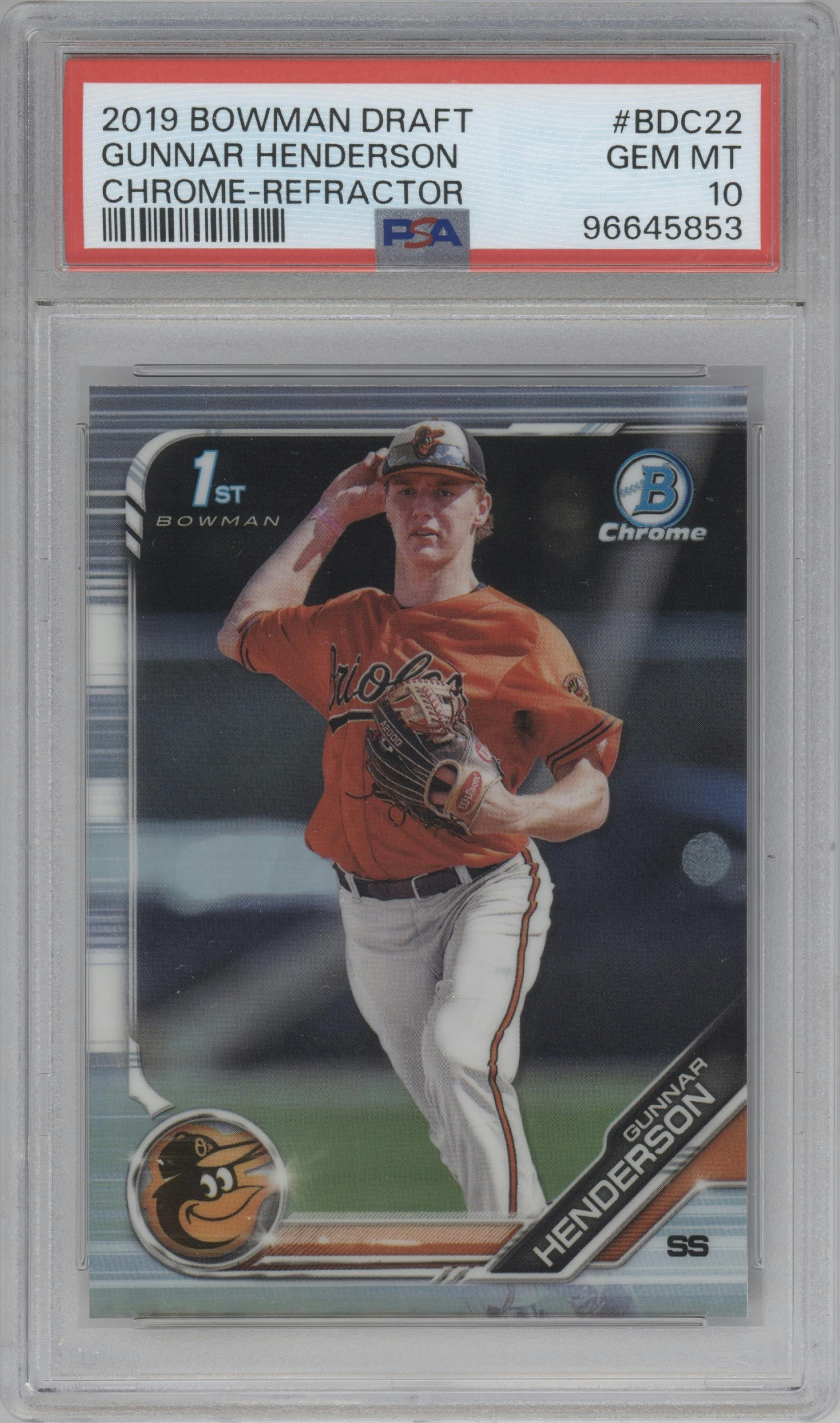 Gunnar Henderson from the 2019 Bowman Draft set featuring a Refractor parallel graded by PSA and given an overall grade of 10.