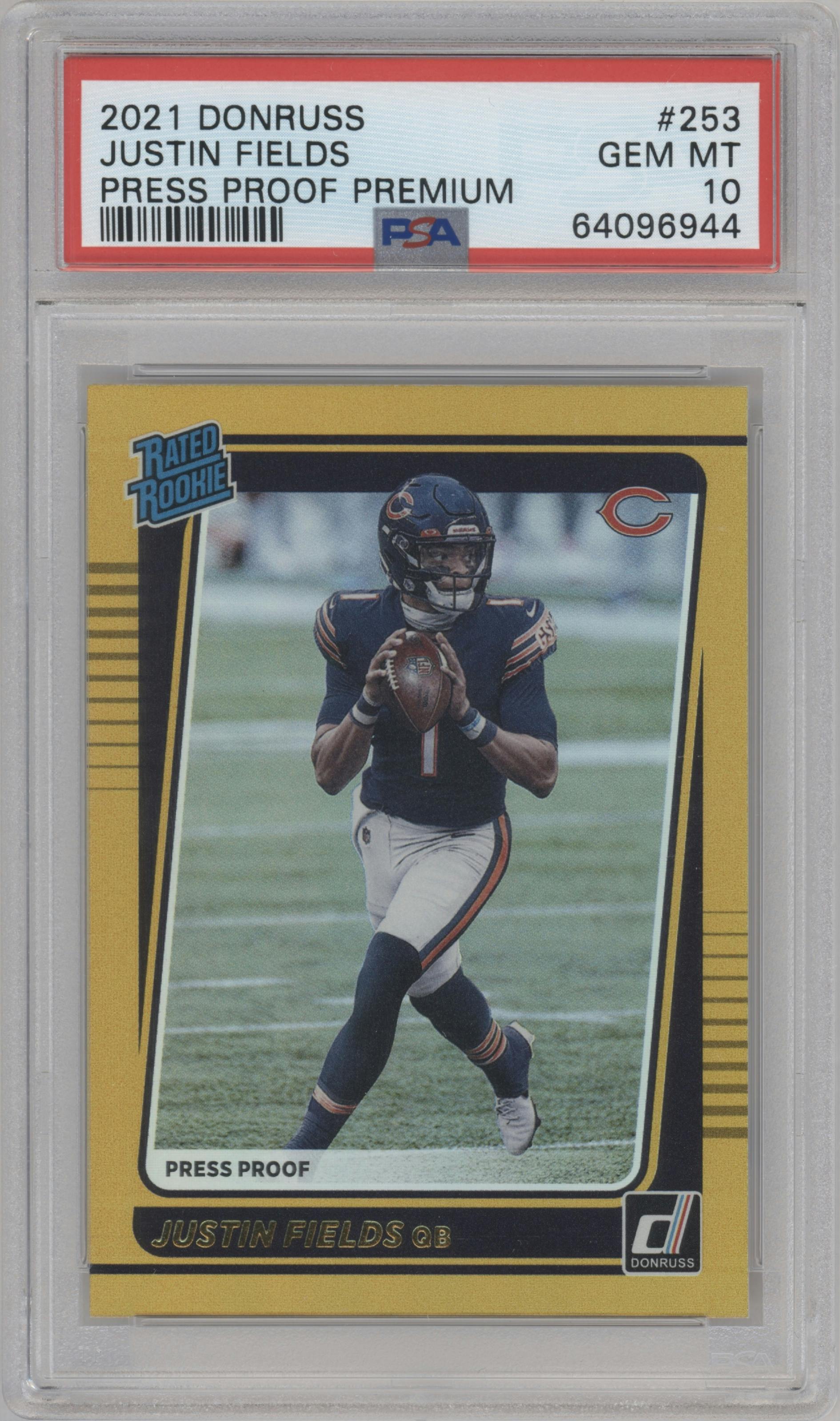 Justin Fields from the 2021 Panini Donruss set featuring a Press Proof Premium parallel graded by PSA and given an overall grade of 10.